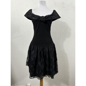 Vintage By Choice Dress Womens Size 11 Medium Black Off Shoulder Lace Prom 80s